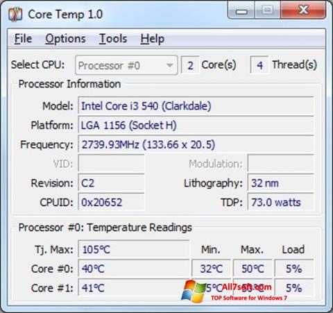 צילום מסך Core Temp Windows 7