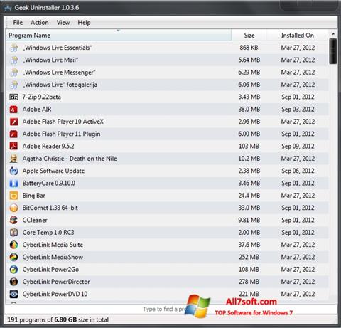 צילום מסך Geek Uninstaller Windows 7